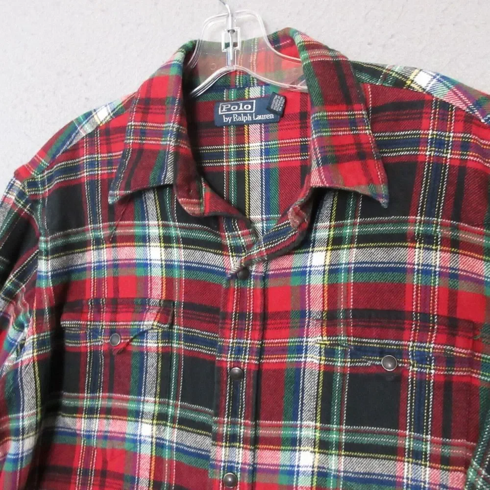 Polo by Ralph Lauren Shirt Men Large‎ Plaid Flannel Snap Button Elbow Patch READ